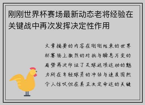 刚刚世界杯赛场最新动态老将经验在关键战中再次发挥决定性作用